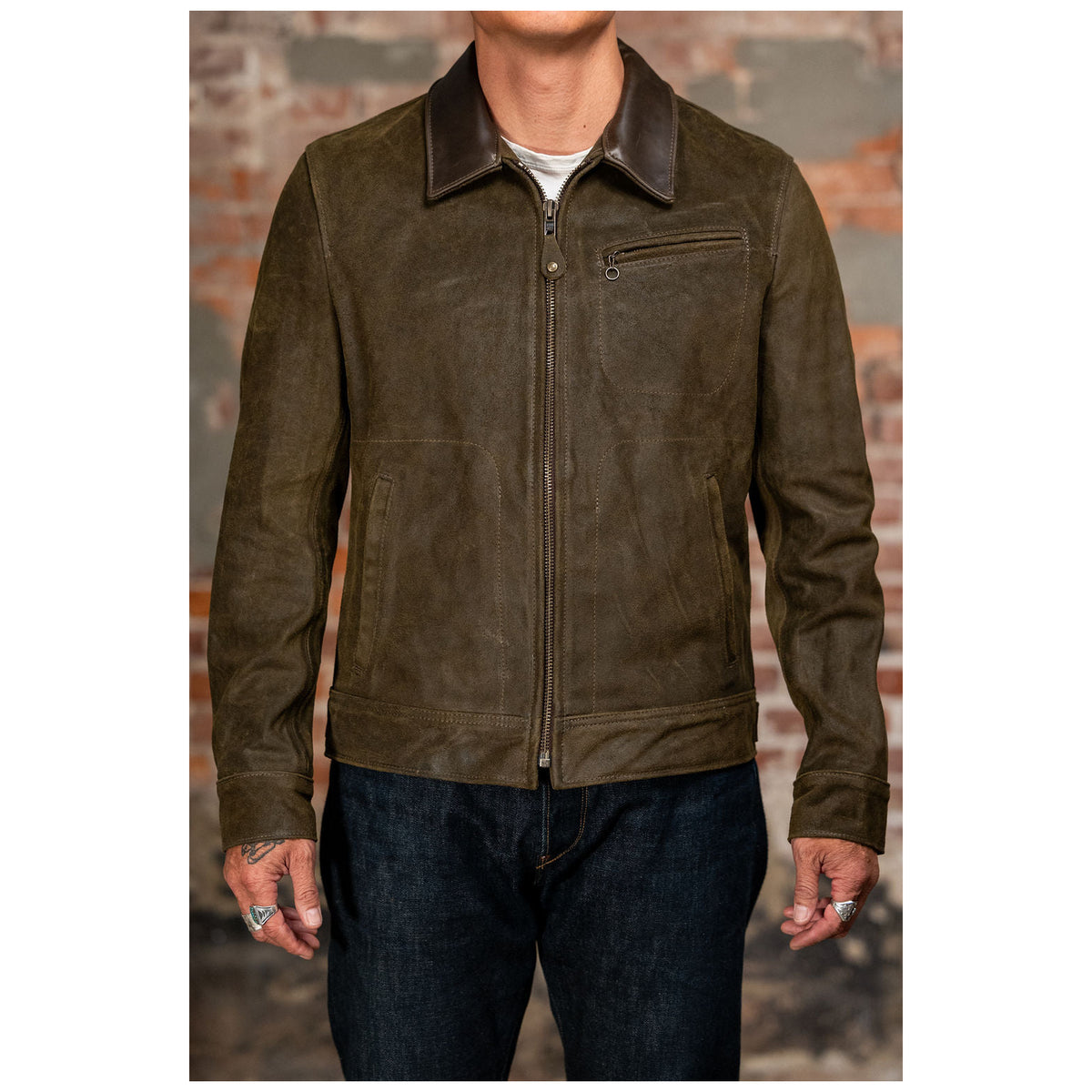 Schott 371 olive suede unlined delivery jacket with dark leather collar on male model