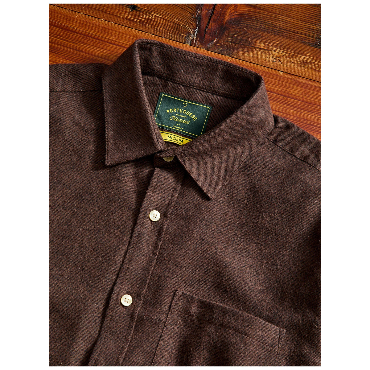 Portuguese Flannel Teca Flannel Shirt in dark brown with cream buttons, medium size