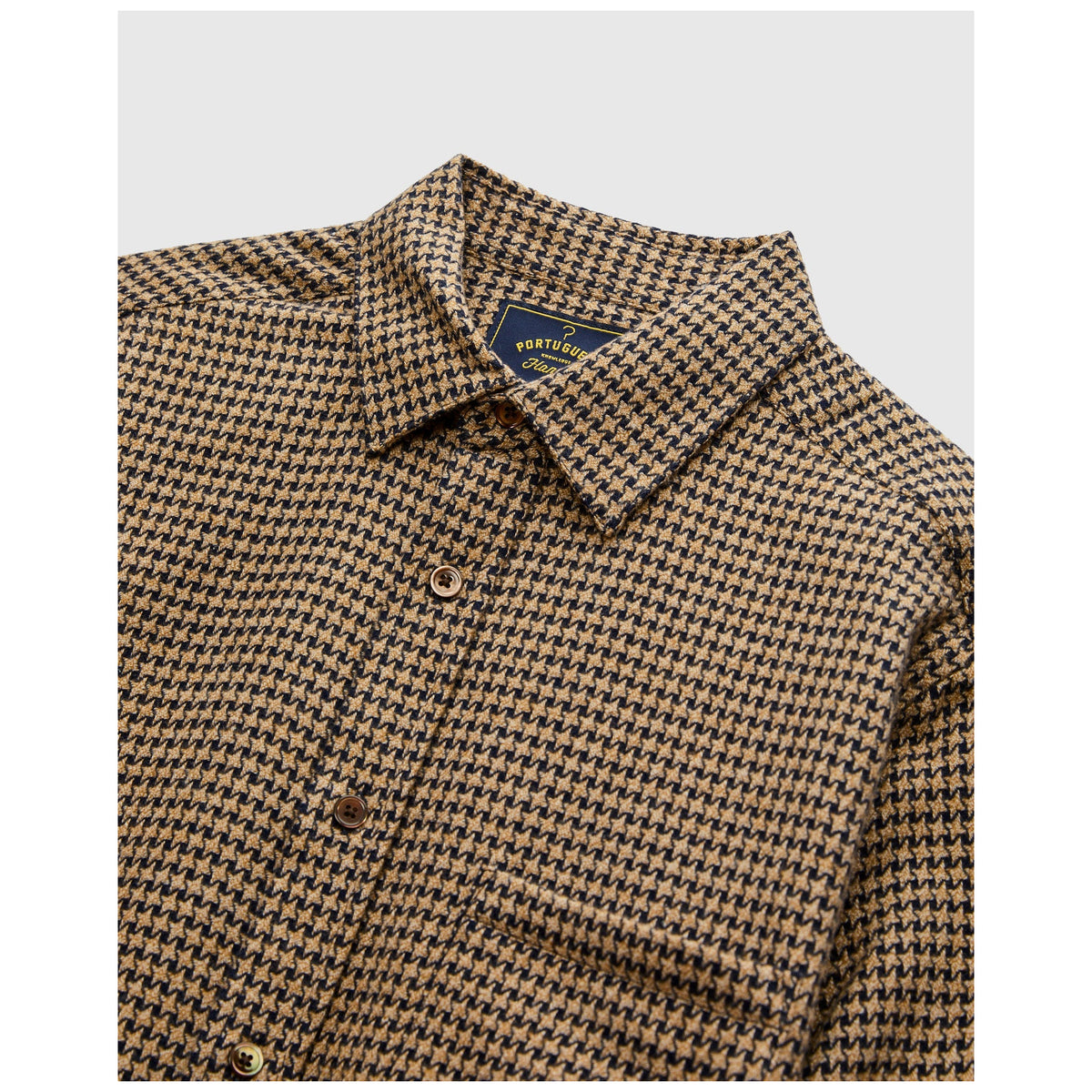 Portuguese Flannel houndstooth flannel shirt in tan and navy with brown buttons
