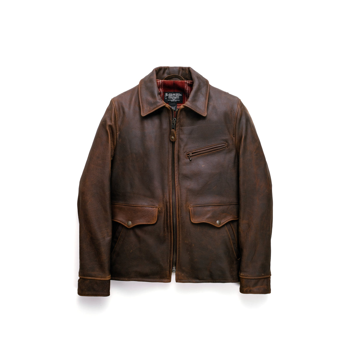 Schott Bros Perfecto 464 U.S. Bison brown leather delivery jacket with plaid lining