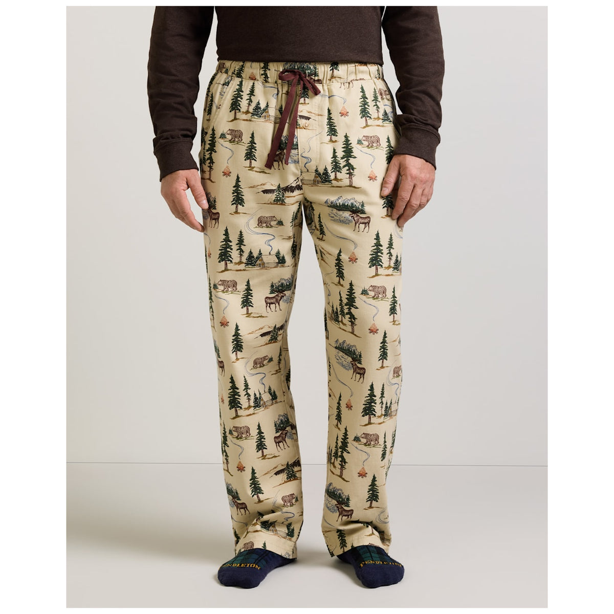 Pendleton men's tan pajama pants with wilderness camping print featuring bears, moose, and pine trees