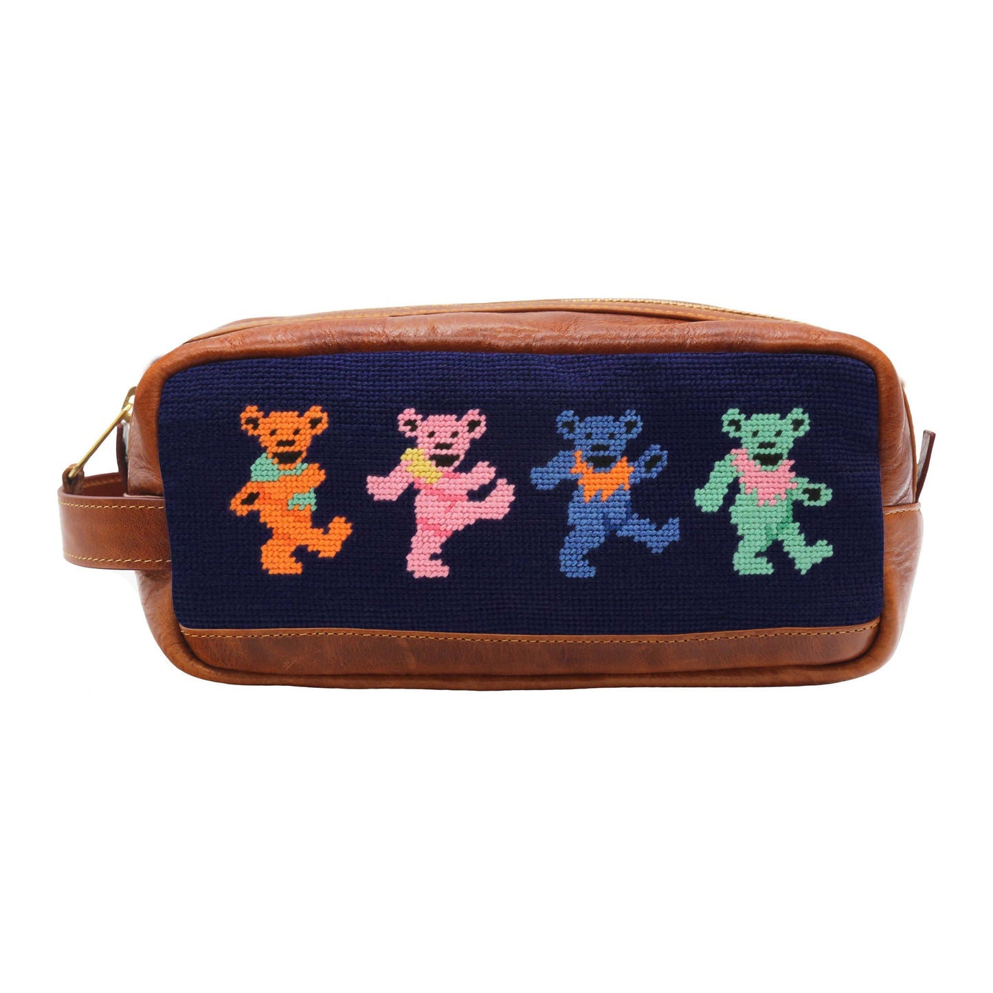 Navy needlepoint toiletry bag with four colorful dancing bears and brown leather trim