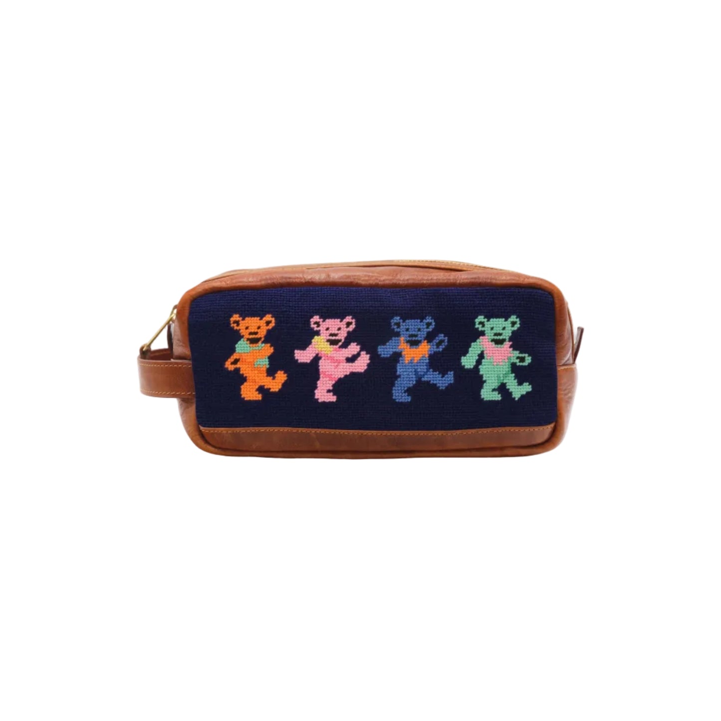 Navy needlepoint toiletry bag with four colorful dancing bears and brown leather trim