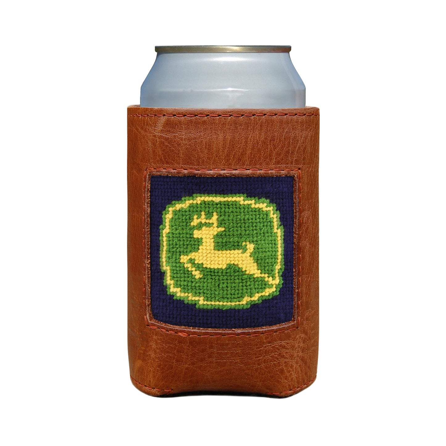 Brown leather can cooler with needlepoint John Deere logo in navy and green