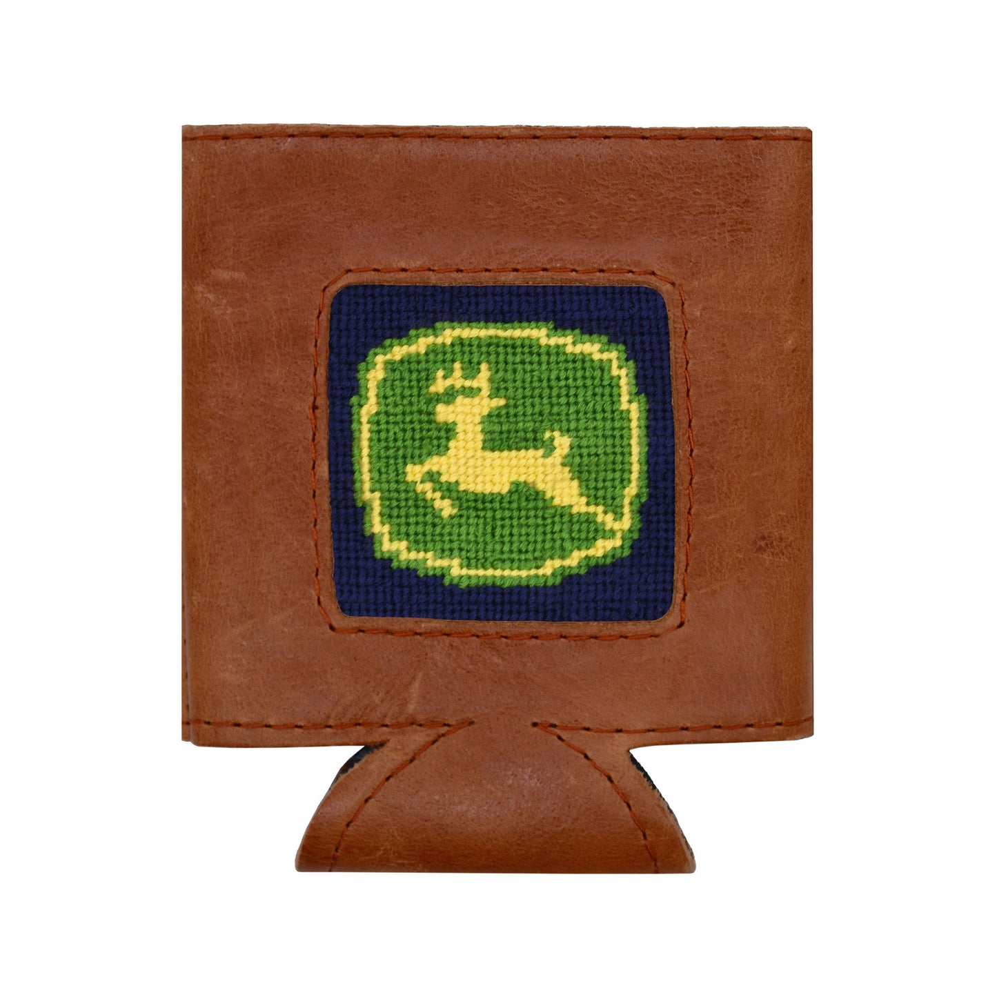 Brown leather can cooler with navy blue needlepoint featuring green and yellow John Deere logo