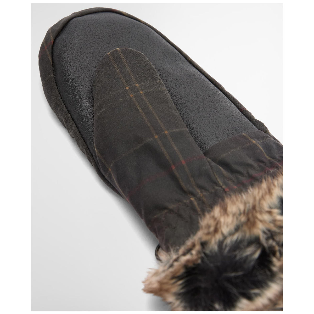 Barbour Women's Tartan Wax Mitten in Dark Classic Tartan with faux fur trim cuff
