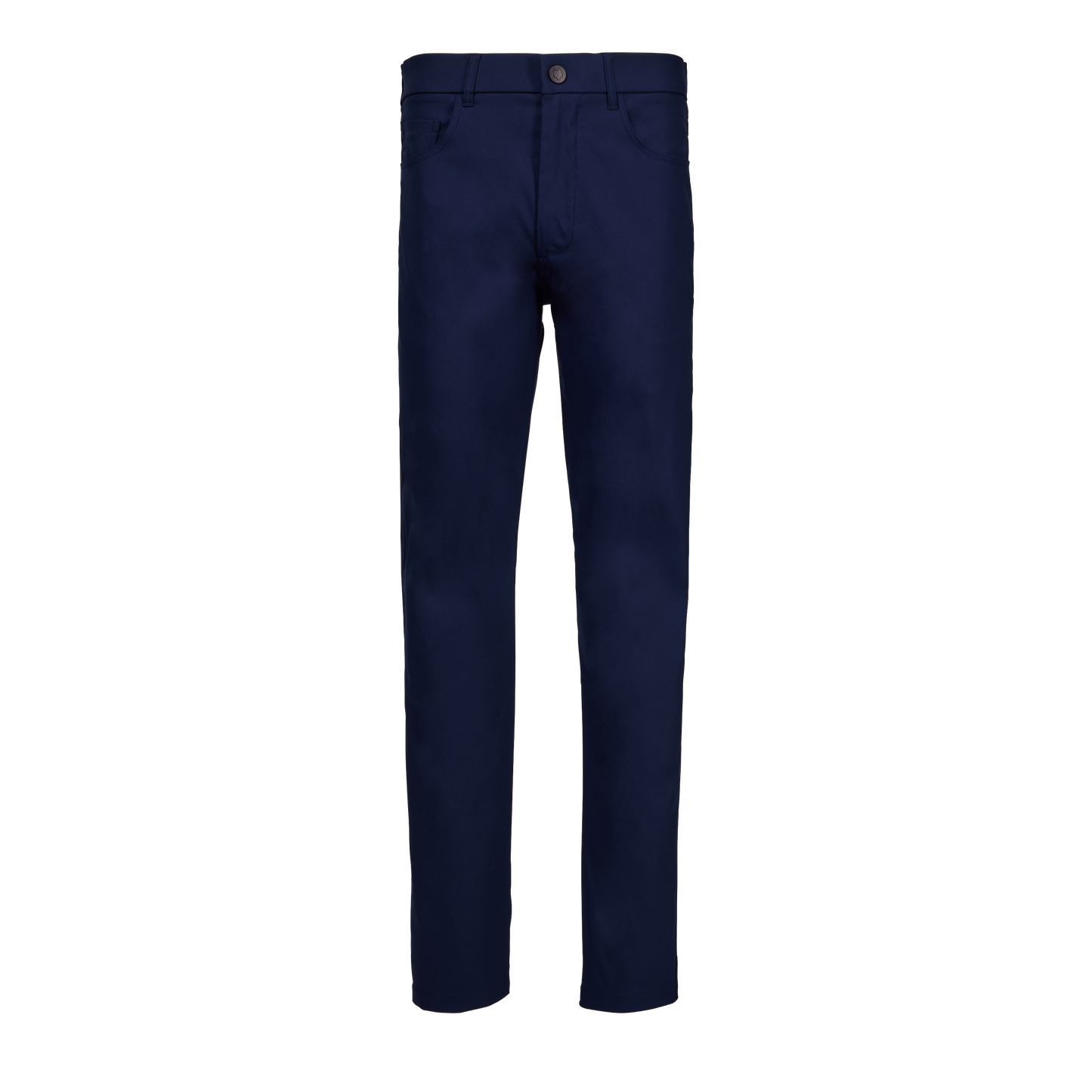 Navy blue five pocket pants laid flat against white background