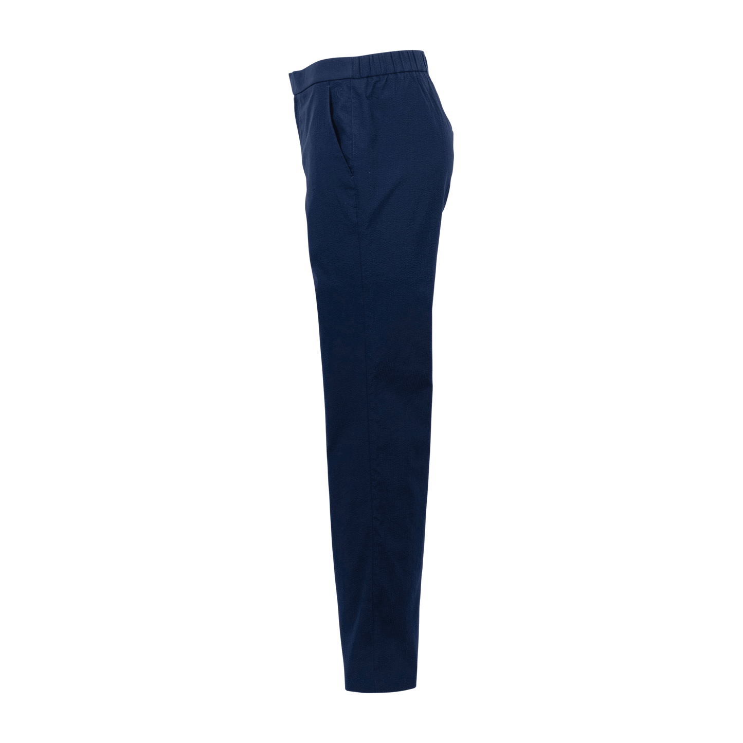 Navy blue pull-on pants with elastic waistband and side pockets on green background