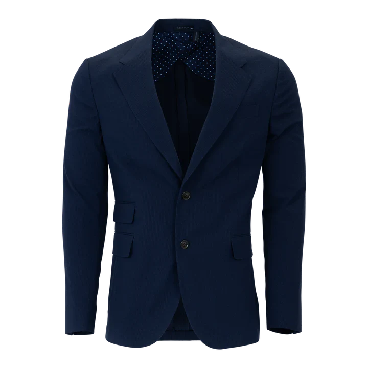 Navy blue Rhodes blazer by Greyson with dotted inner lining on white background