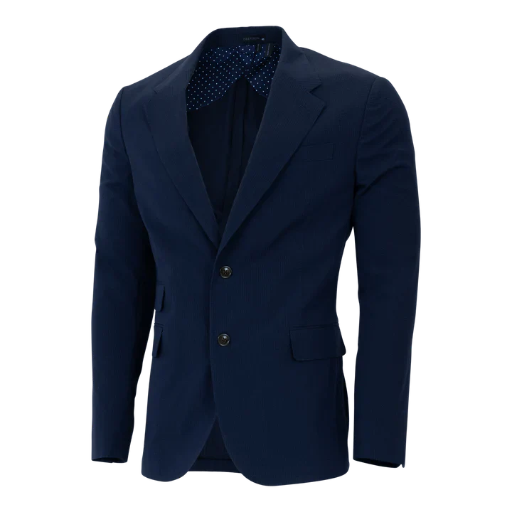 Navy blue tailored blazer with two buttons and notched lapels on transparent background
