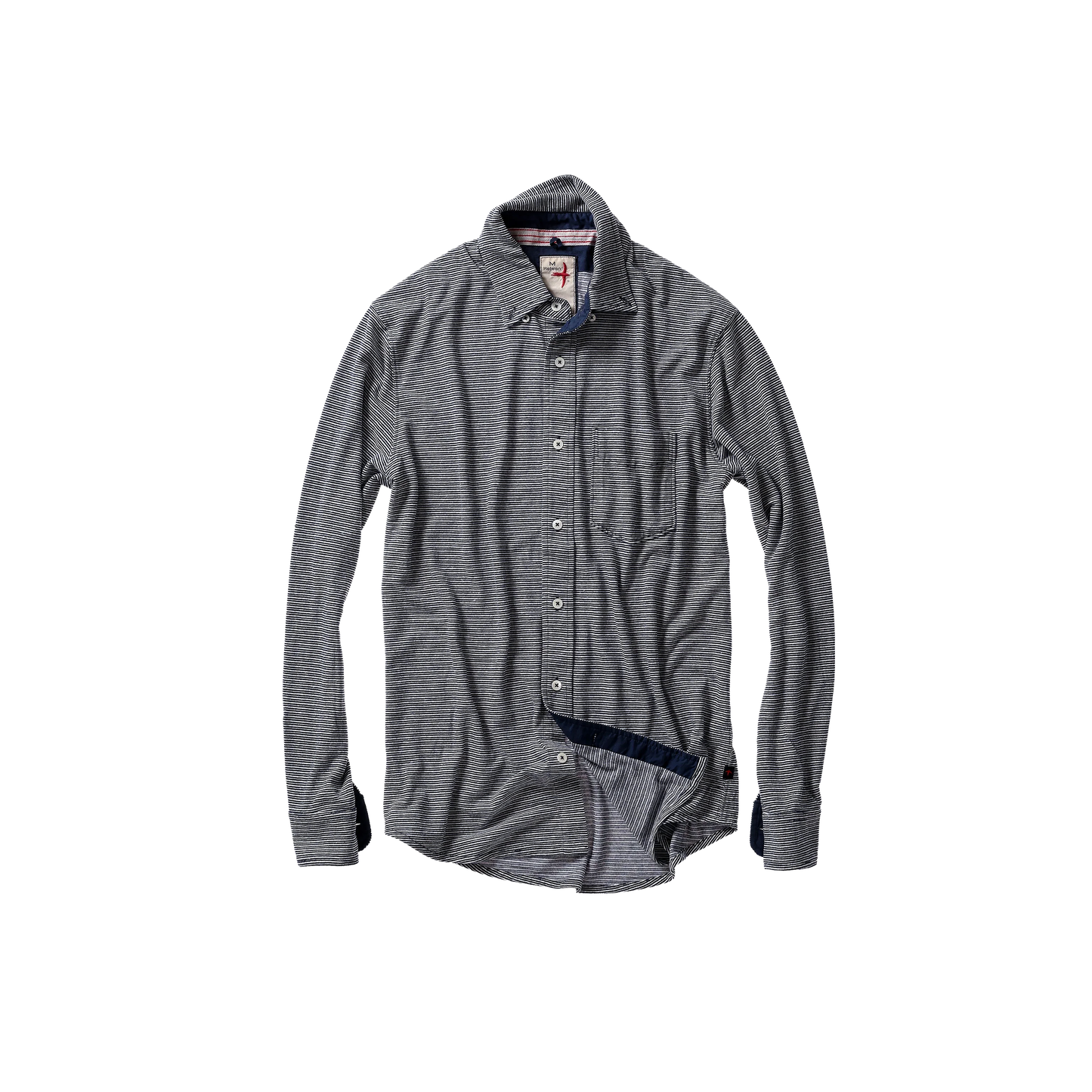 Relwen Hemp Stripe Buttondown shirt in navy and white horizontal stripes with chest pocket