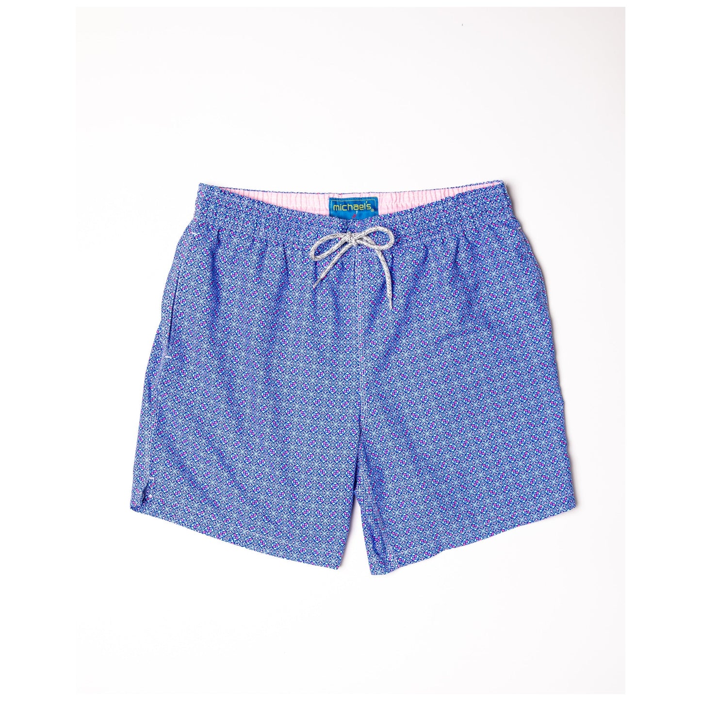 Purple swim trunks with small geometric tile pattern and drawstring waistband