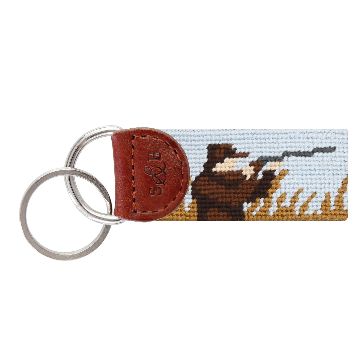 Smathers & Branson needlepoint key fob featuring upland hunting scene with hunter and dog