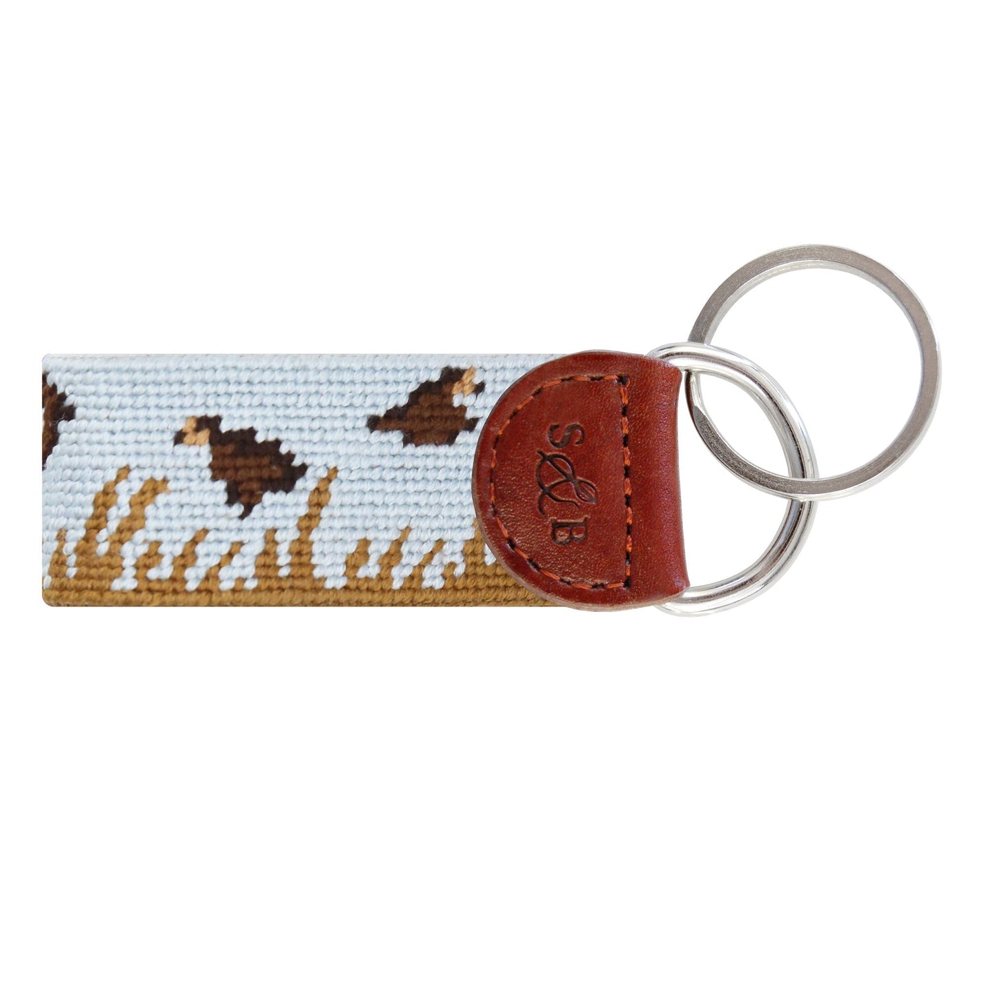Smathers & Branson needlepoint key fob featuring upland hunting bird dog scene with leather tab