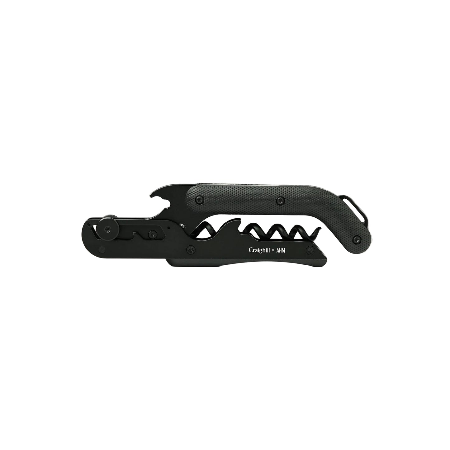 Black Craighill wine key corkscrew with textured handle on white background